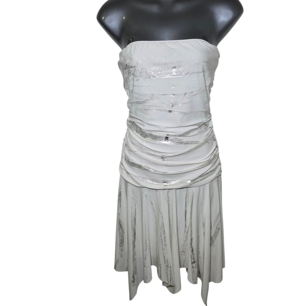 White Silver Ruched Handkerchief Hem Dress Size S Y2K Fairy Angel Ethereal Glam